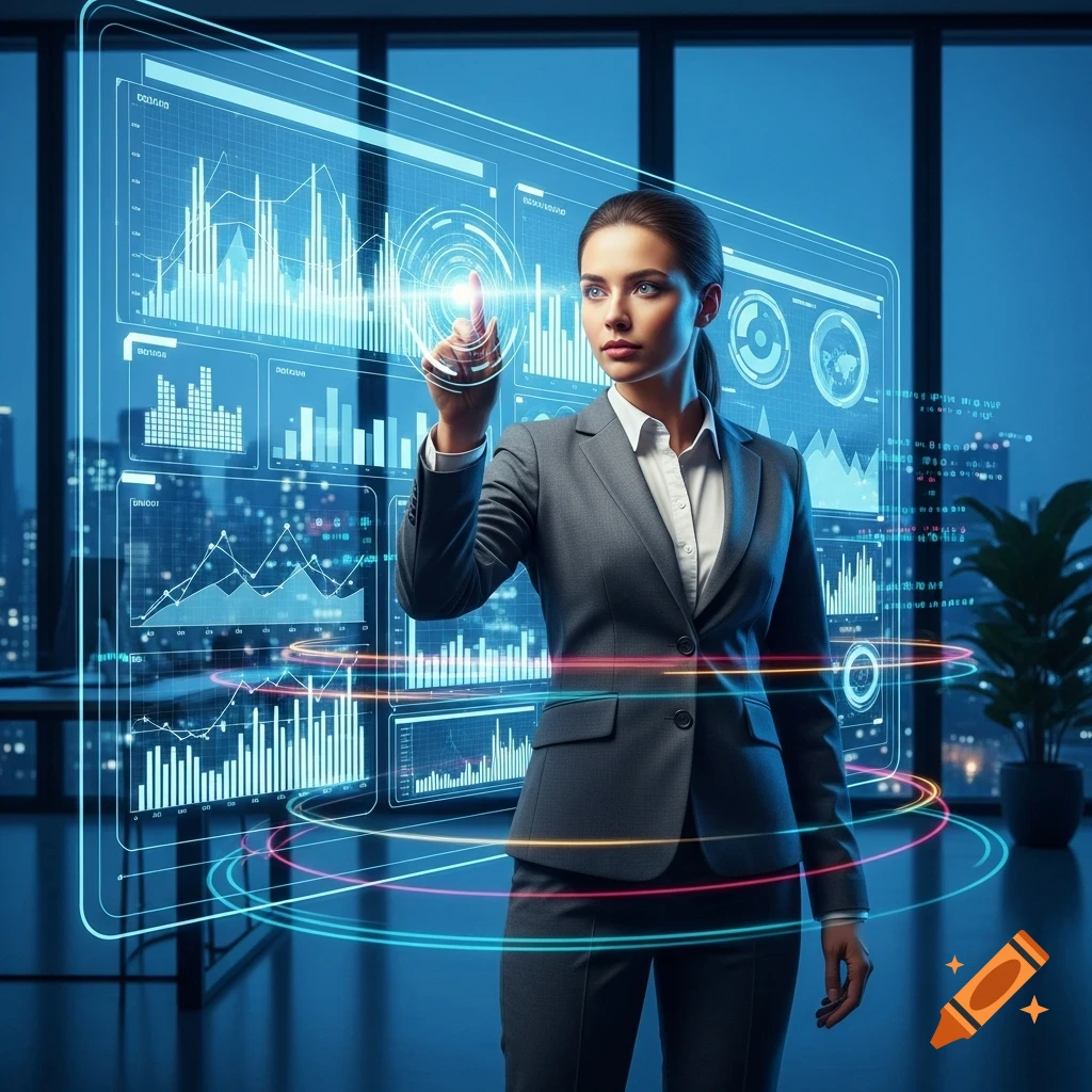 A businesswoman in a suit interacts with a glowing holographic data display in a modern office at night.