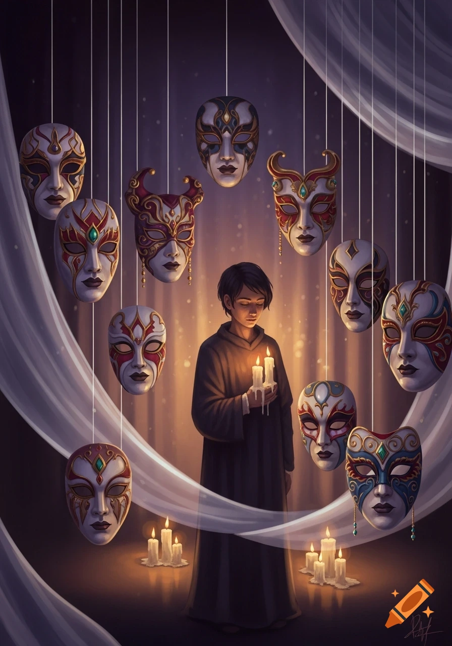 A young person in a dark robe holds lit candles, surrounded by ornate, hanging Venetian-style masks in a mystical, dimly lit setting.