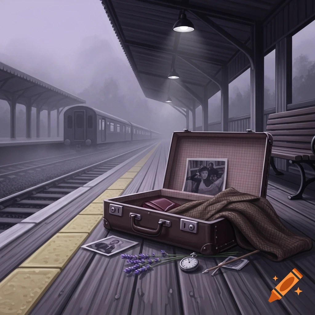 An open suitcase with old photos, a pocket watch, and lavender on a misty train station platform. Illustration.