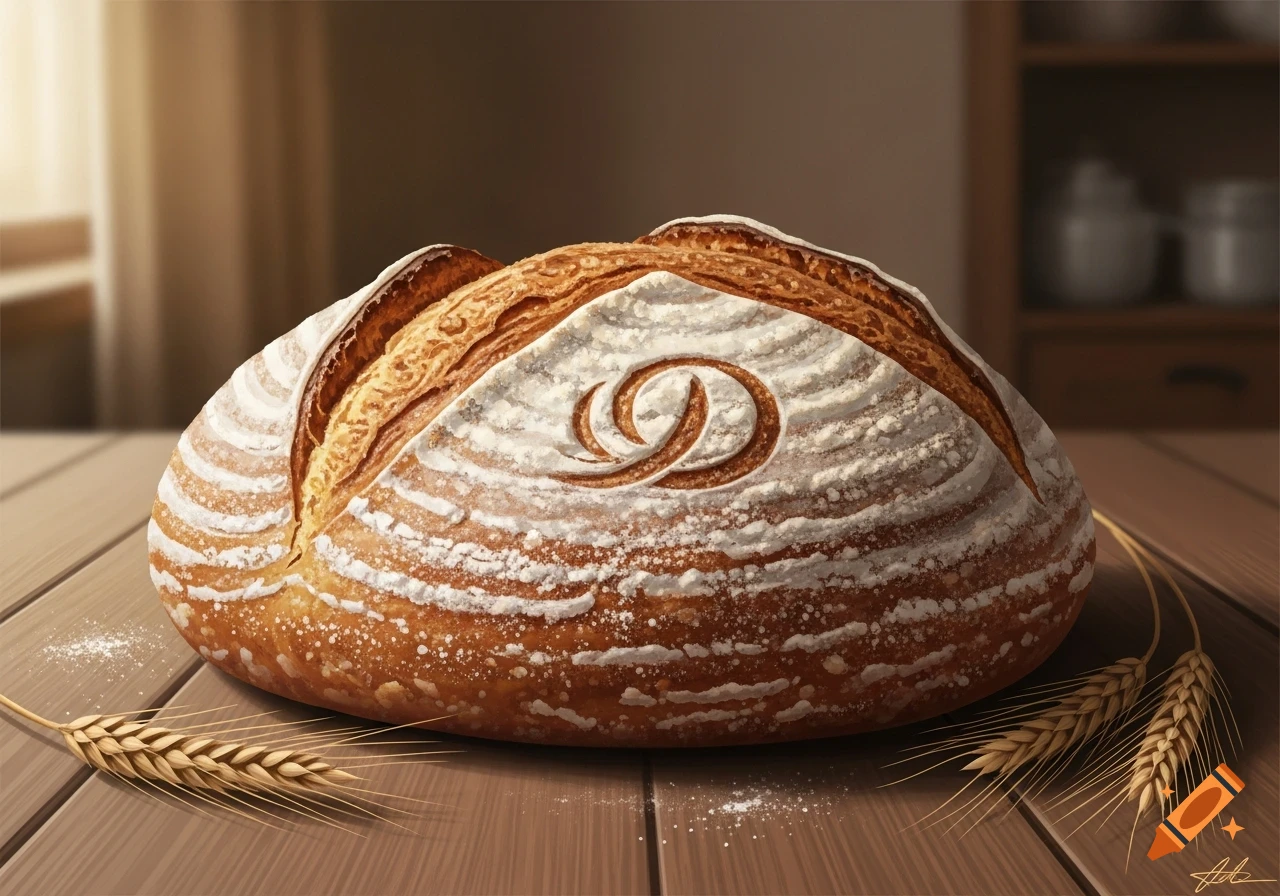 Rustic sourdough bread with flour dusting and decorative scoring on a wooden table, accompanied by wheat stalks.