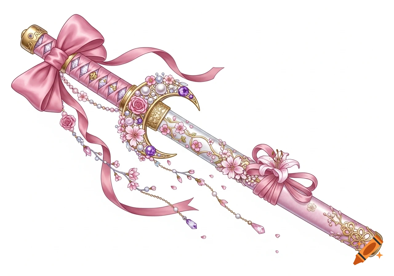 A decorative, pastel pink and gold katana with a pink satin ribbon bow, adorned with cherry blossoms, pearls, and crystals. A pink lily is attached to the scabbard.