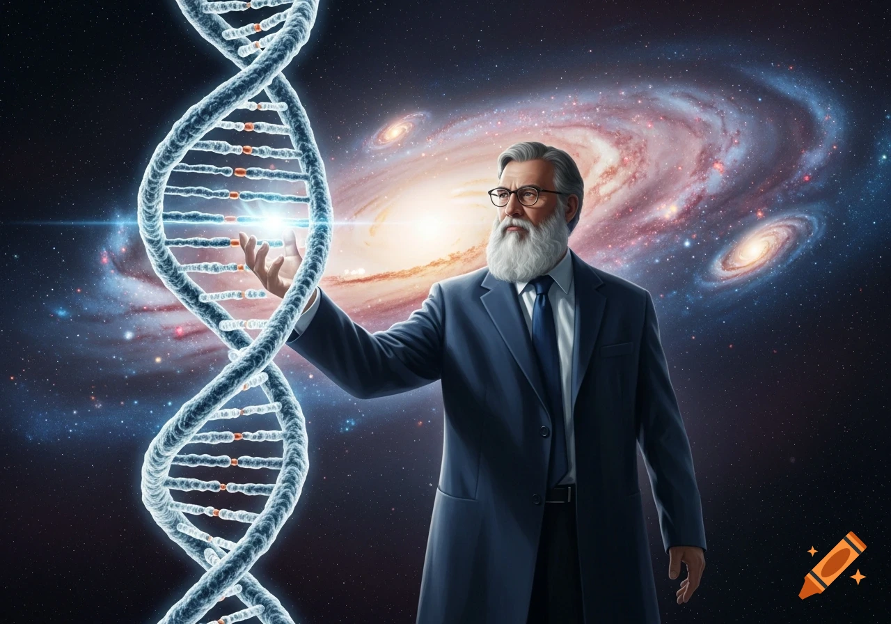 A wise, bearded man in a suit holds a glowing DNA helix against a vibrant cosmic galaxy background.