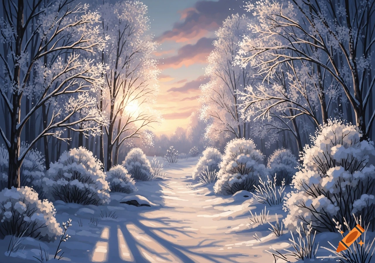 Illustrative snowy winter forest path at sunset, with warm light ...