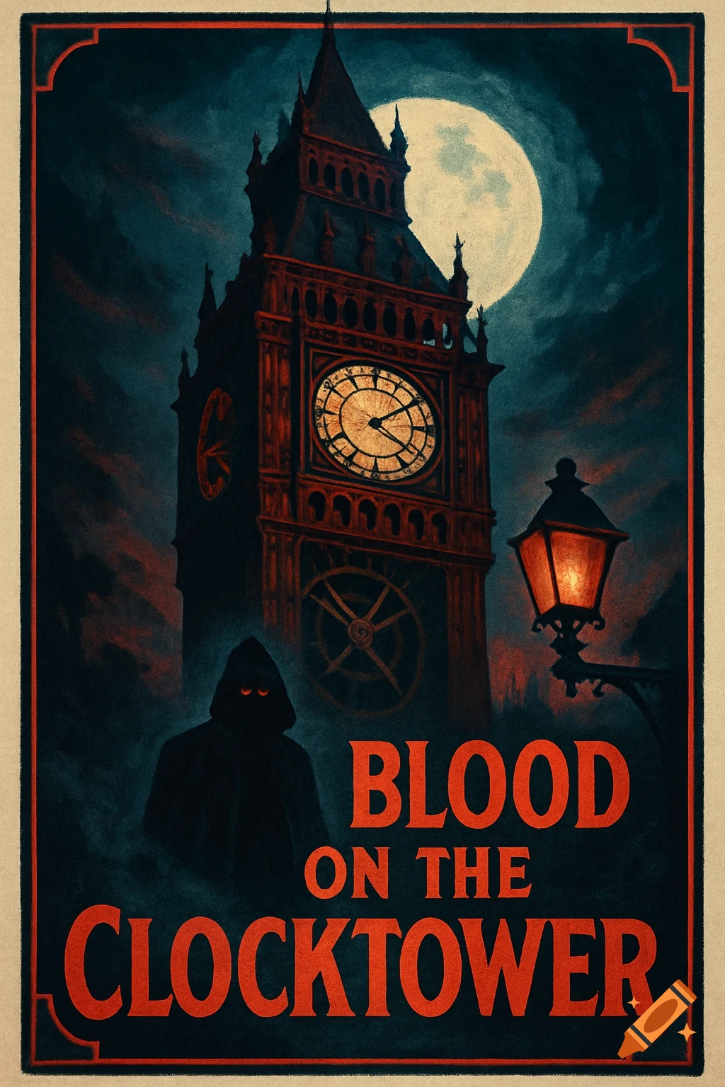Vintage cinema poster for 'Blood on the Clocktower' with a dark clock tower, full moon, hooded figure, and lamppost.
