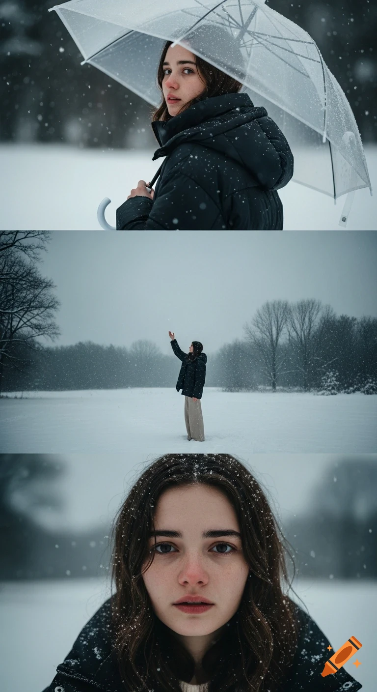 Melancholy young woman in black puffer coat in snowy landscape, across three vertical panels, holding umbrella, standing in field, and close-up of face.