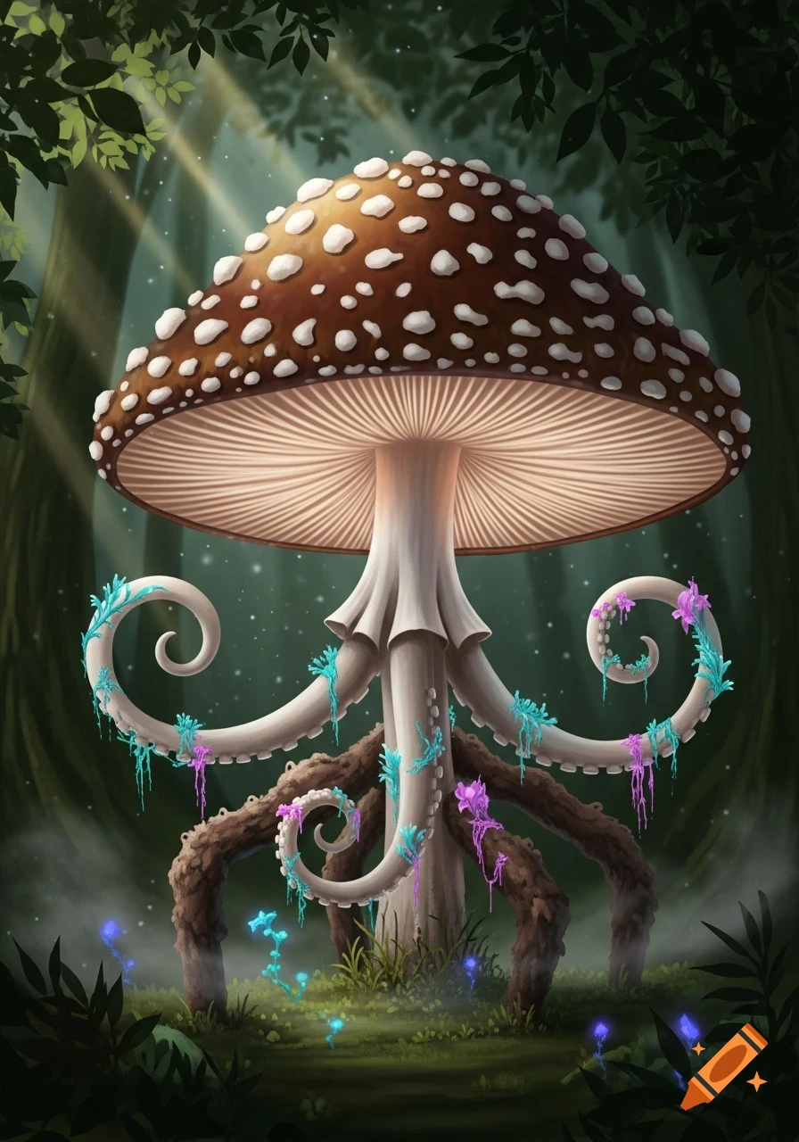 A large fantasy mushroom creature with a spotted brown cap, root-like legs, and glowing blue and purple tentacles in a magical forest.