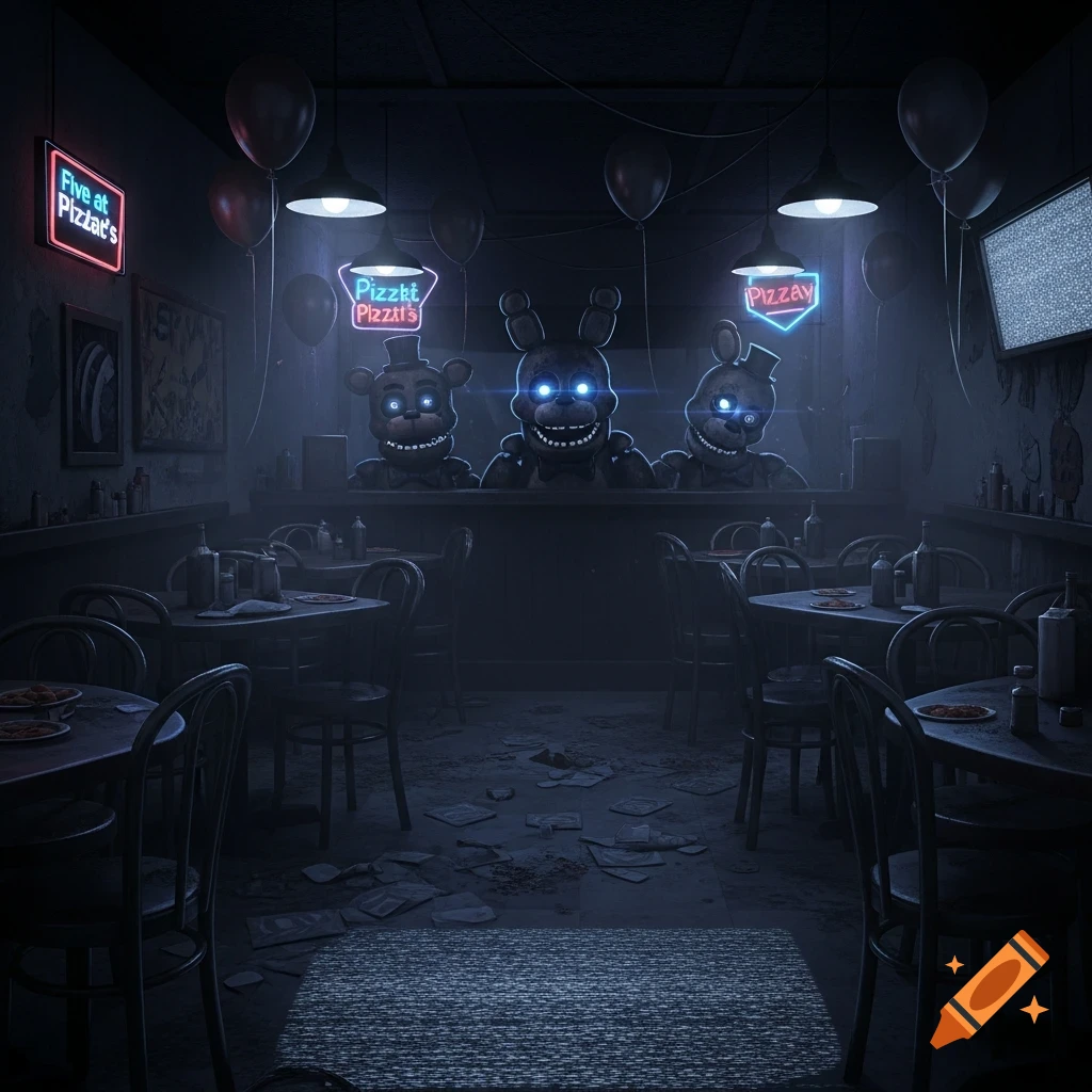 Three animatronic characters with glowing eyes stand behind a counter in a dimly lit, abandoned pizza restaurant, with tables and debris on the floor, under neon signs.