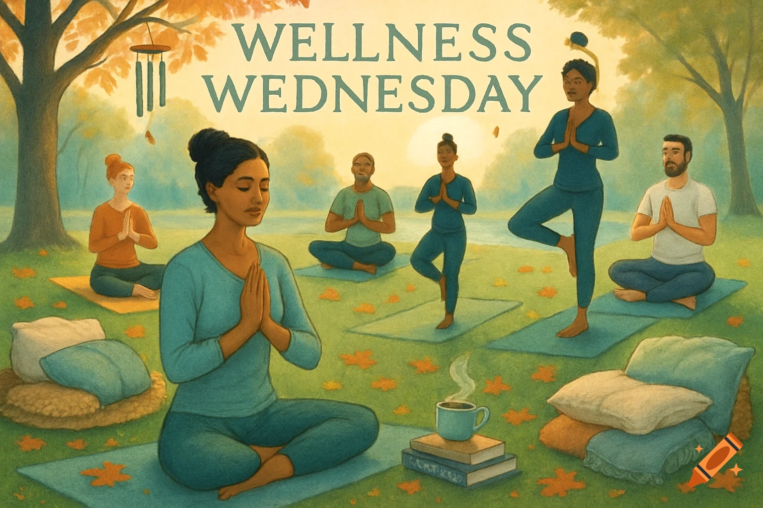 A group of diverse people practice yoga and meditation on mats in a park. The text "WELLNESS WEDNESDAY" is at the top.