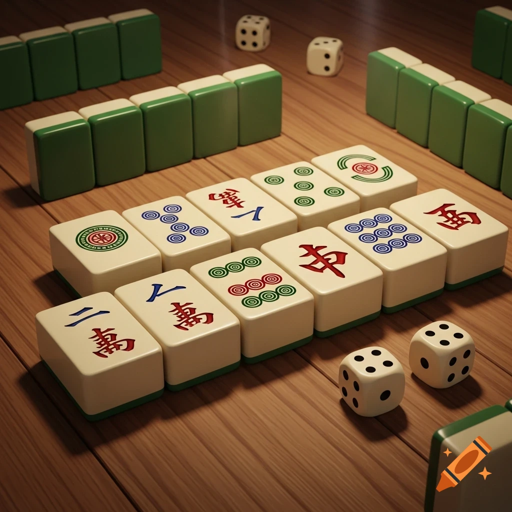 Mahjong tiles and dice are arranged on a wooden table, with green-backed tiles forming walls and other tiles showing symbols.