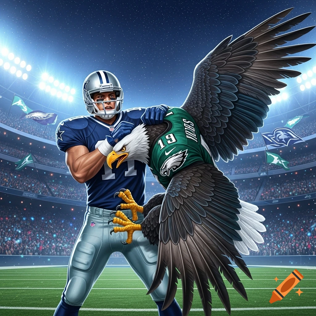 A Dallas Cowboys football player grapples with an eagle wearing a Philadelphia Eagles jersey on a brightly lit stadium field.