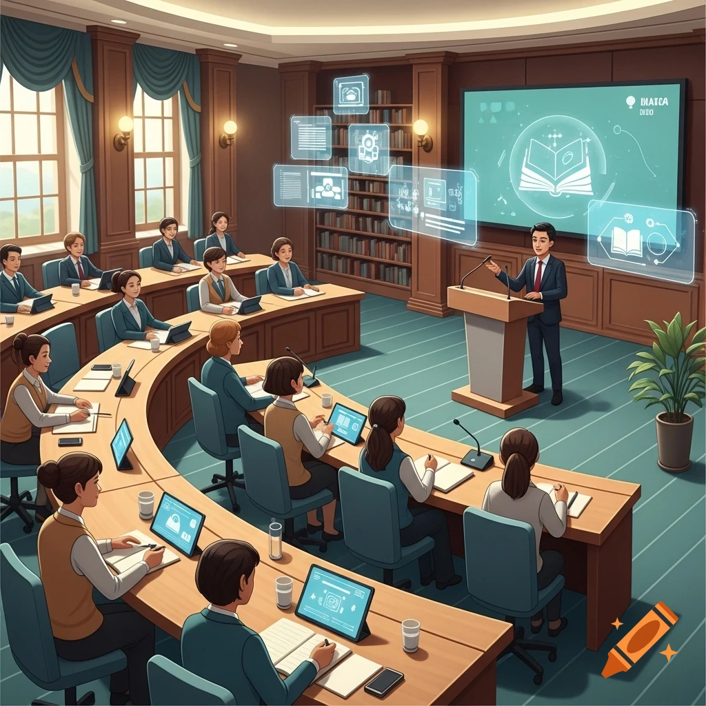 A man presents to an audience seated at curved wooden tables in a large meeting room with a screen and digital overlays.