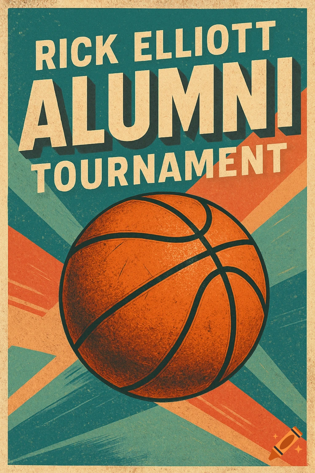 Vintage retro style poster for Rick Elliott Alumni Tournament featuring a basketball.