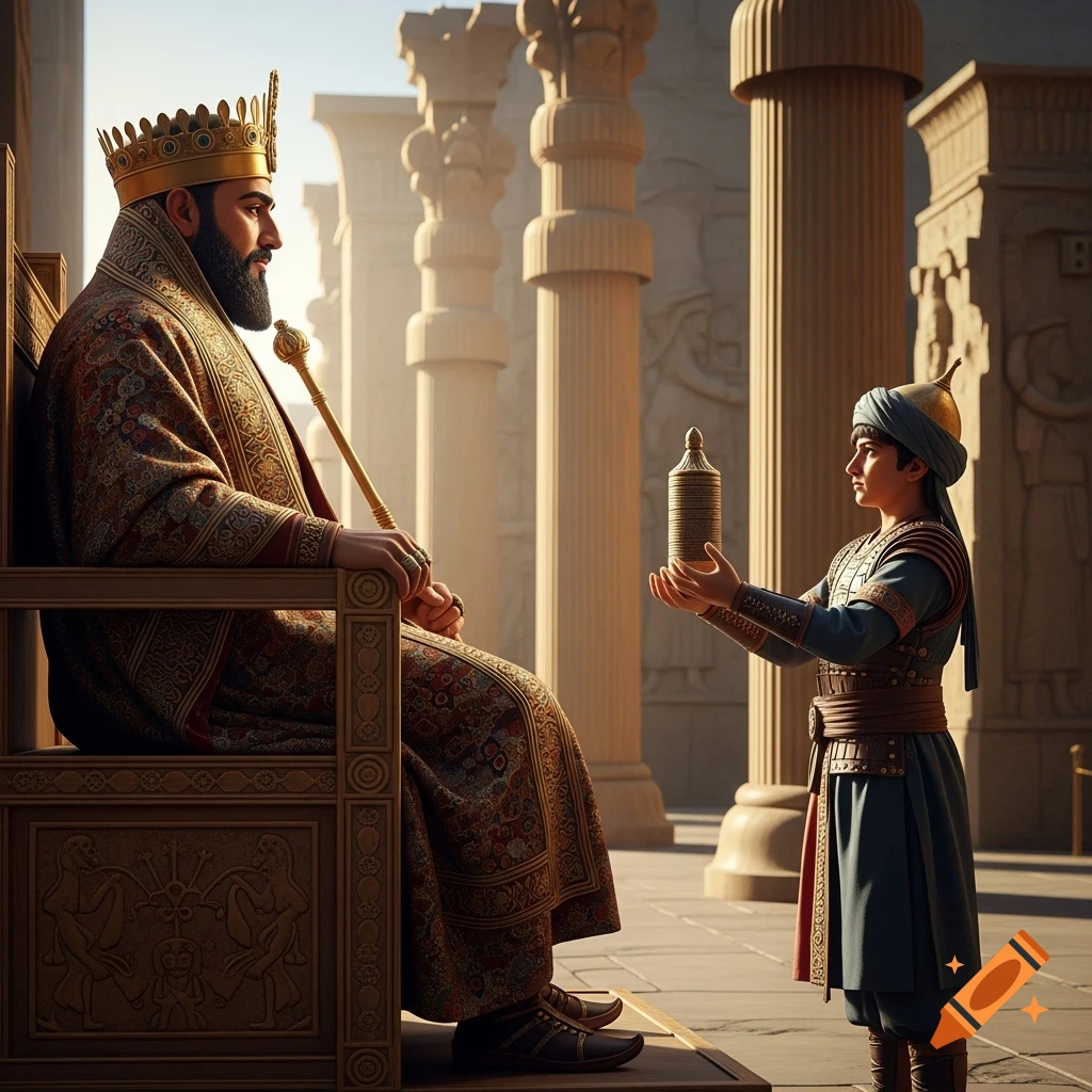Hyperrealistic image of a bearded king on a throne, accepting an offering from a young man in an ancient Persian palace.