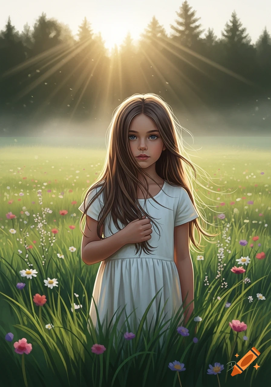 A stylized illustration of a young girl with long brown hair standing in a sunlit meadow among colorful wildflowers, a forest behind her.