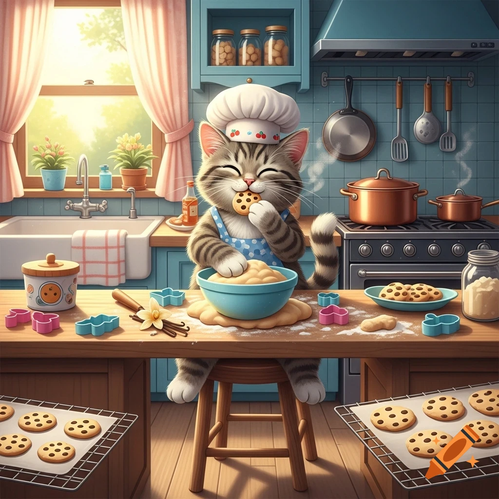 A cartoon tabby cat chef with a white hat and blue apron happily bakes and eats a cookie in a bright kitchen.