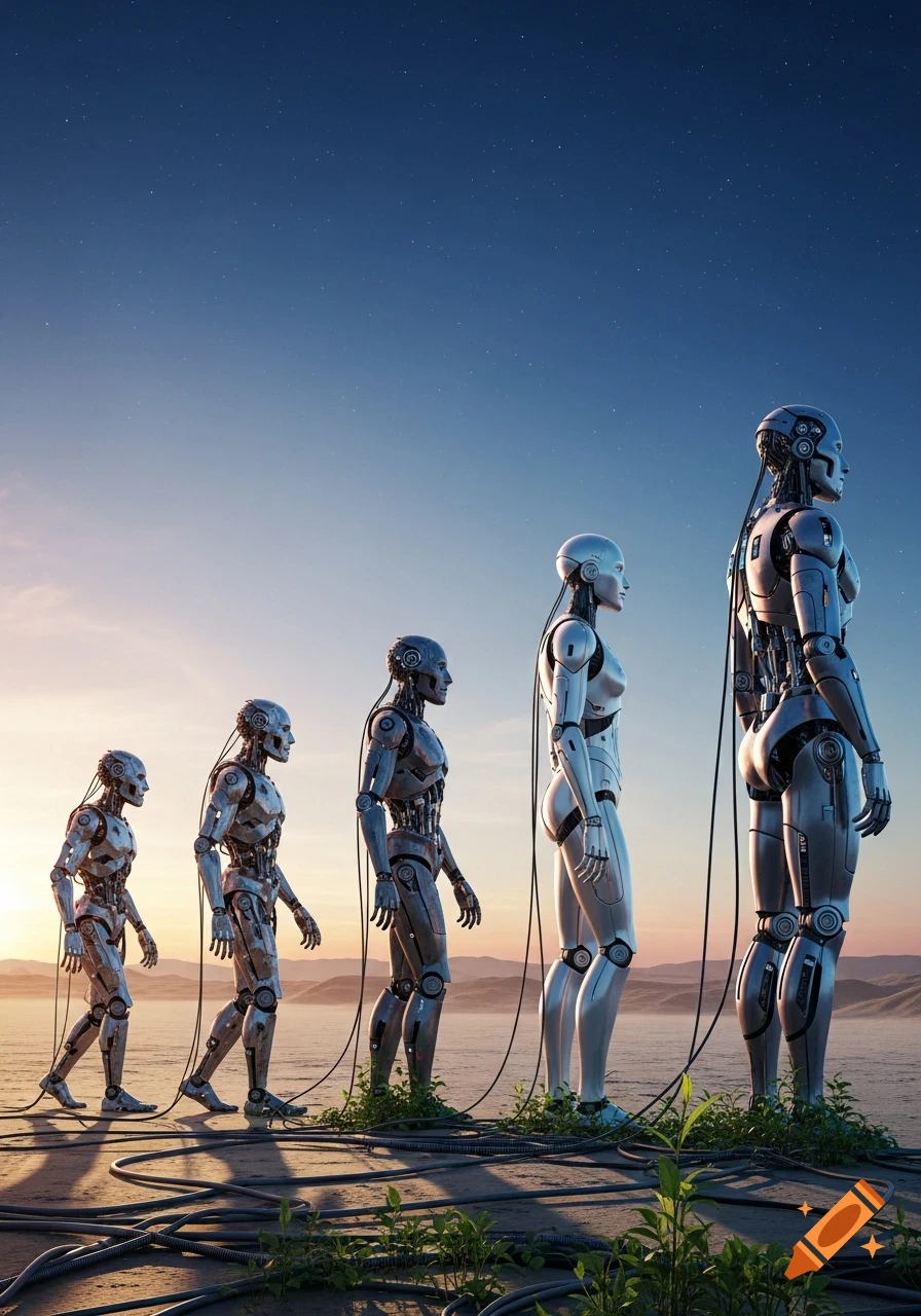 Five progressively larger, more advanced humanoid robots stand in a line on a barren landscape with cables, under a starry sky at sunset.
