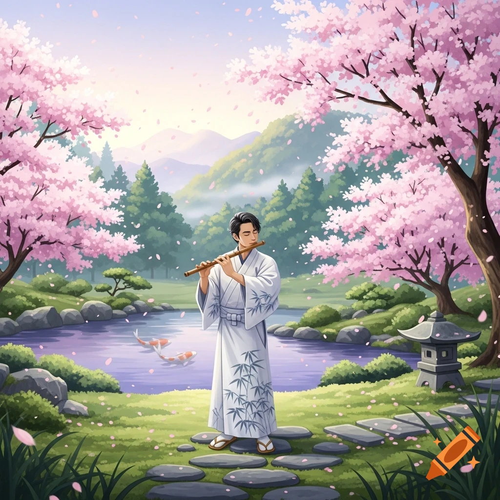 A man in a white kimono playing a shakuhachi flute in a Japanese garden with pink cherry blossoms, a pond, and koi fish.