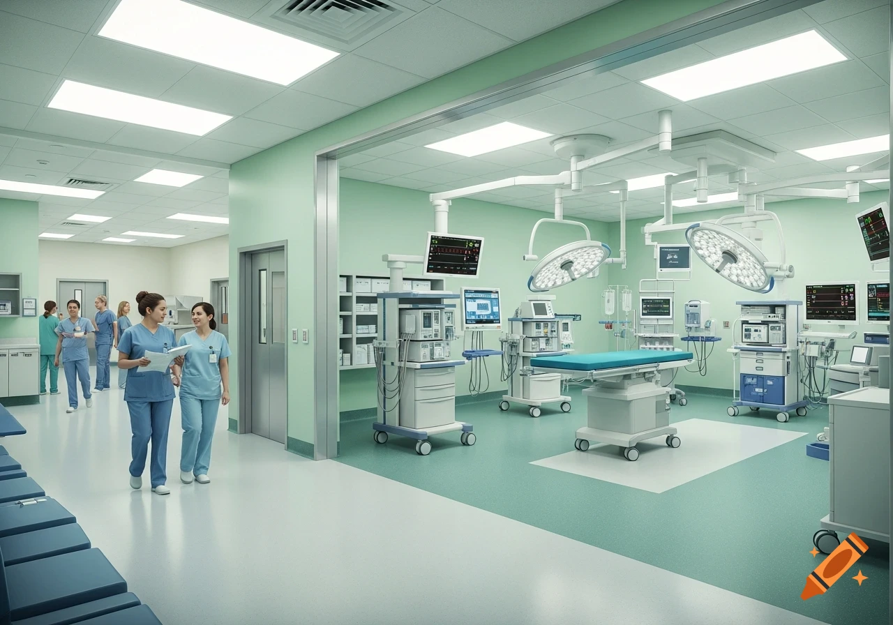 Photorealistic image of a modern hospital operating room with advanced medical equipment and a hallway where nurses walk.