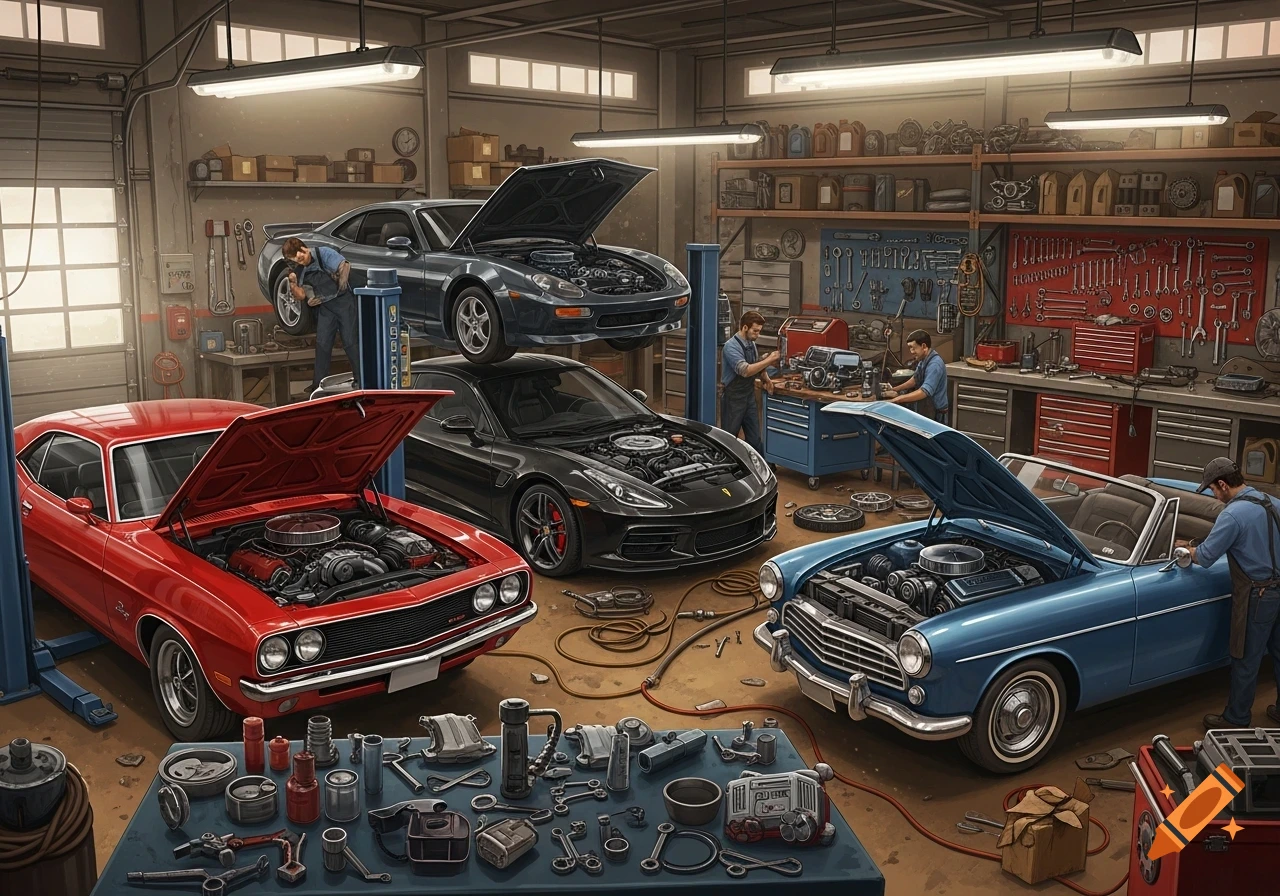 A detailed illustration of a busy car repair shop with multiple cars on lifts and mechanics working on engines and tools.
