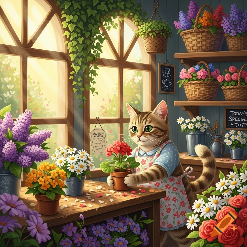 A charming tabby cat in an apron holds a potted flower in a sunny, vibrant flower shop filled with colorful blooms.