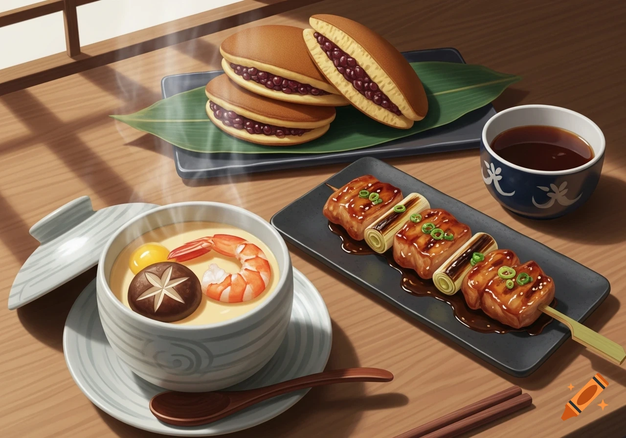 An illustration of Japanese dishes: chawanmushi with shrimp and mushroom, yakitori skewers, and dorayaki pancakes filled with red bean paste.