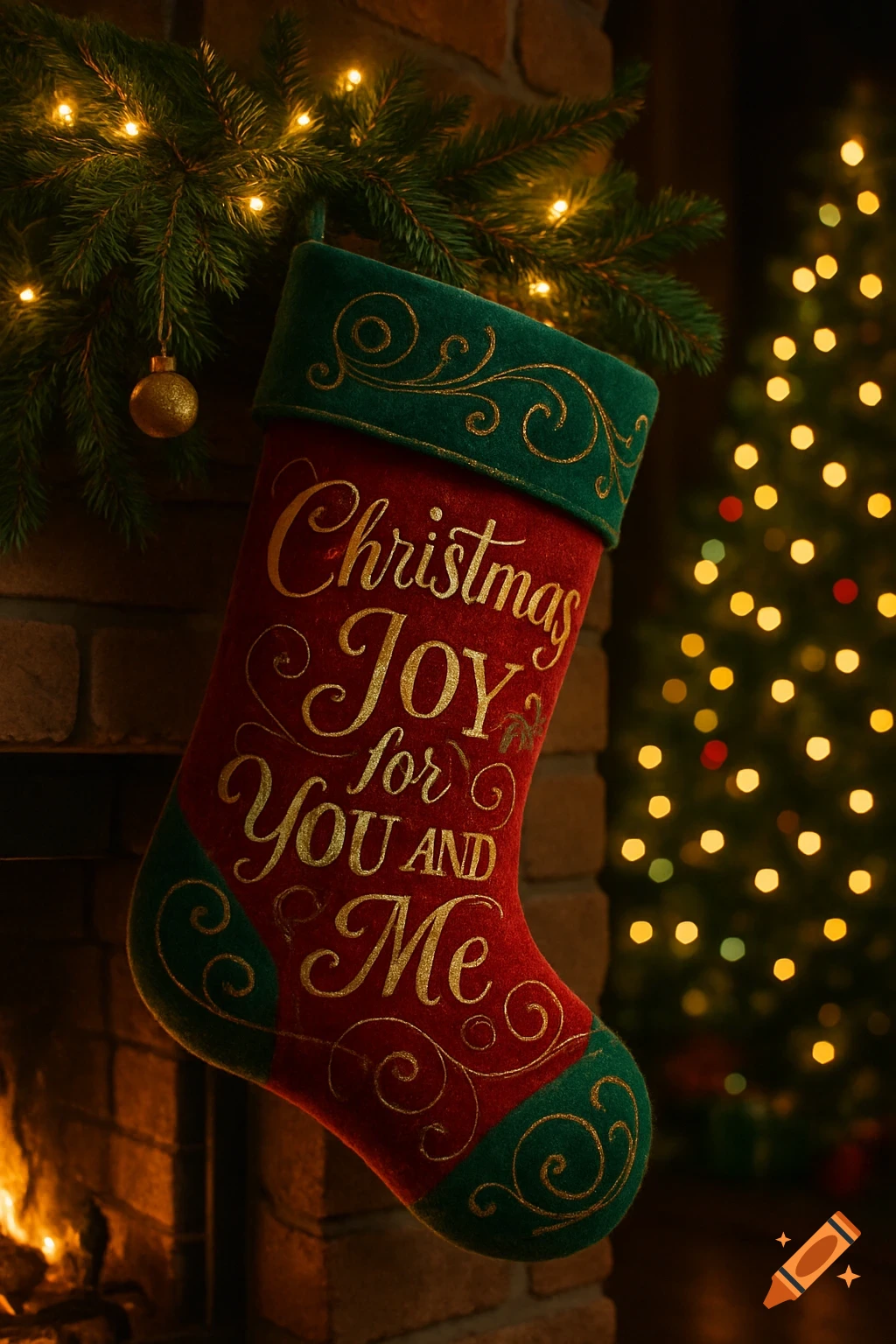 A red and green Christmas stocking hangs over a fireplace, with 'Christmas JOY for You AND Me' text, a decorated Christmas tree in the background.