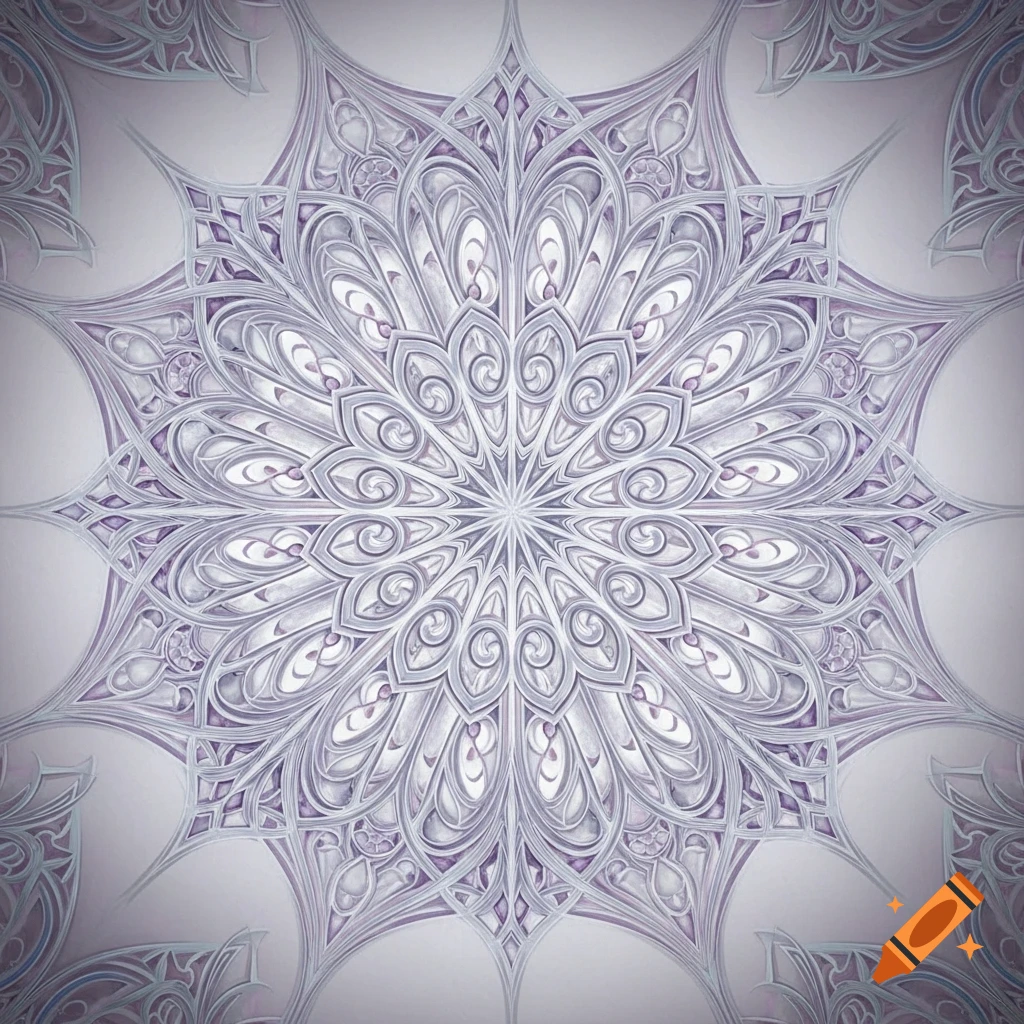 An intricate, symmetrical gothic mandala pattern in shades of light purple and grey.