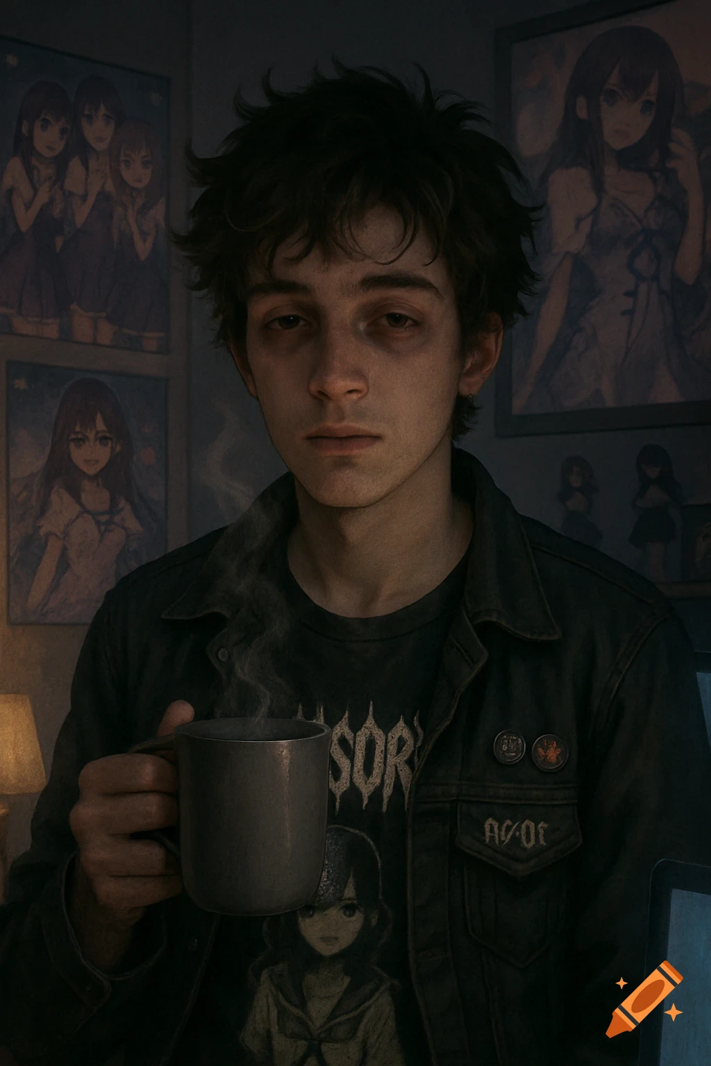 A tired young man with messy hair and dark circles under his eyes holds a steaming coffee mug. He wears a metal band t-shirt and a denim jacket with pins, surrounded by anime posters in a dimly lit room.