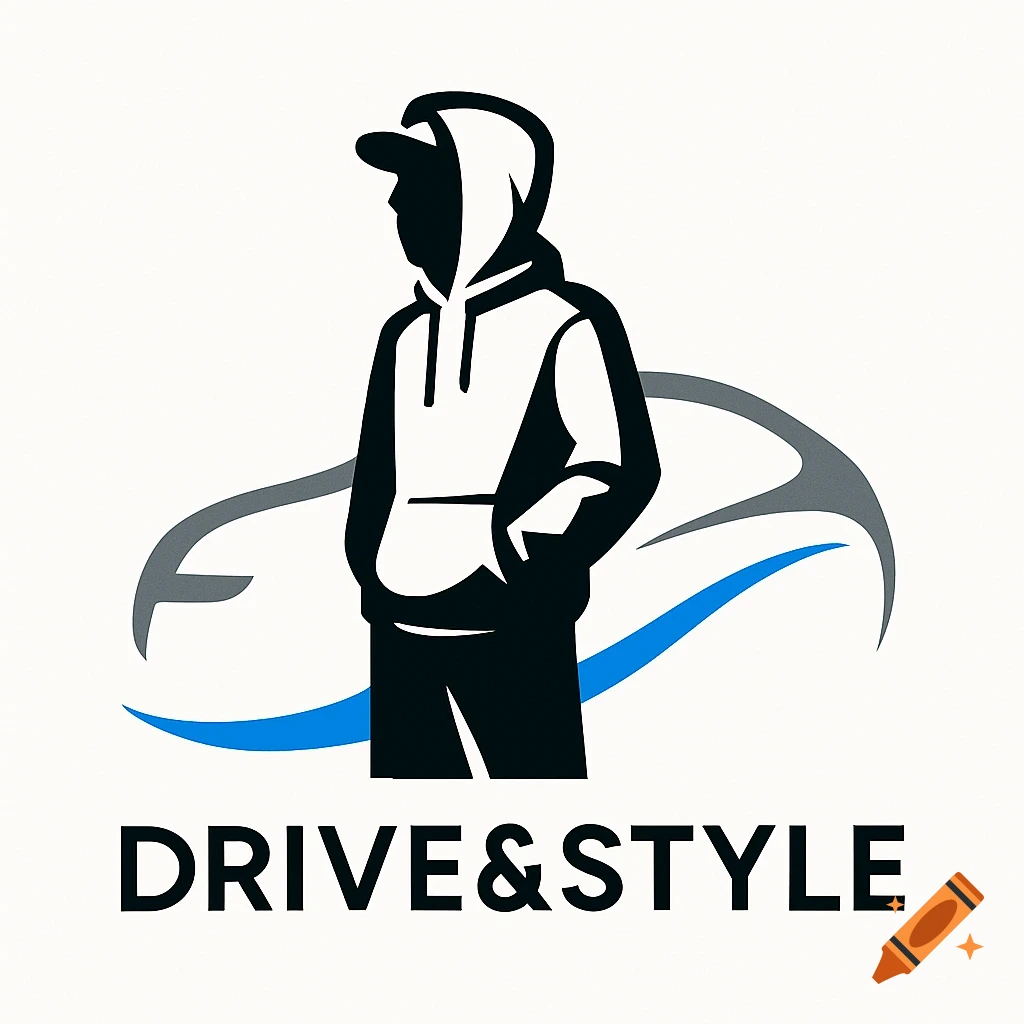 Minimalist logo featuring a stylized figure in a hoodie and cap, standing in front of an abstract car outline, with 'DRIVE&STYLE' in black text below.