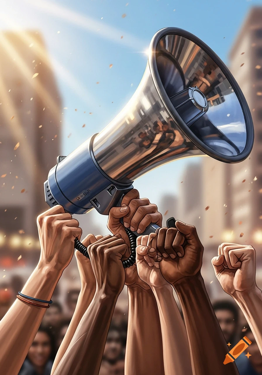 Multiple hands with diverse skin tones hold a large megaphone against a sunny city background, with confetti falling.