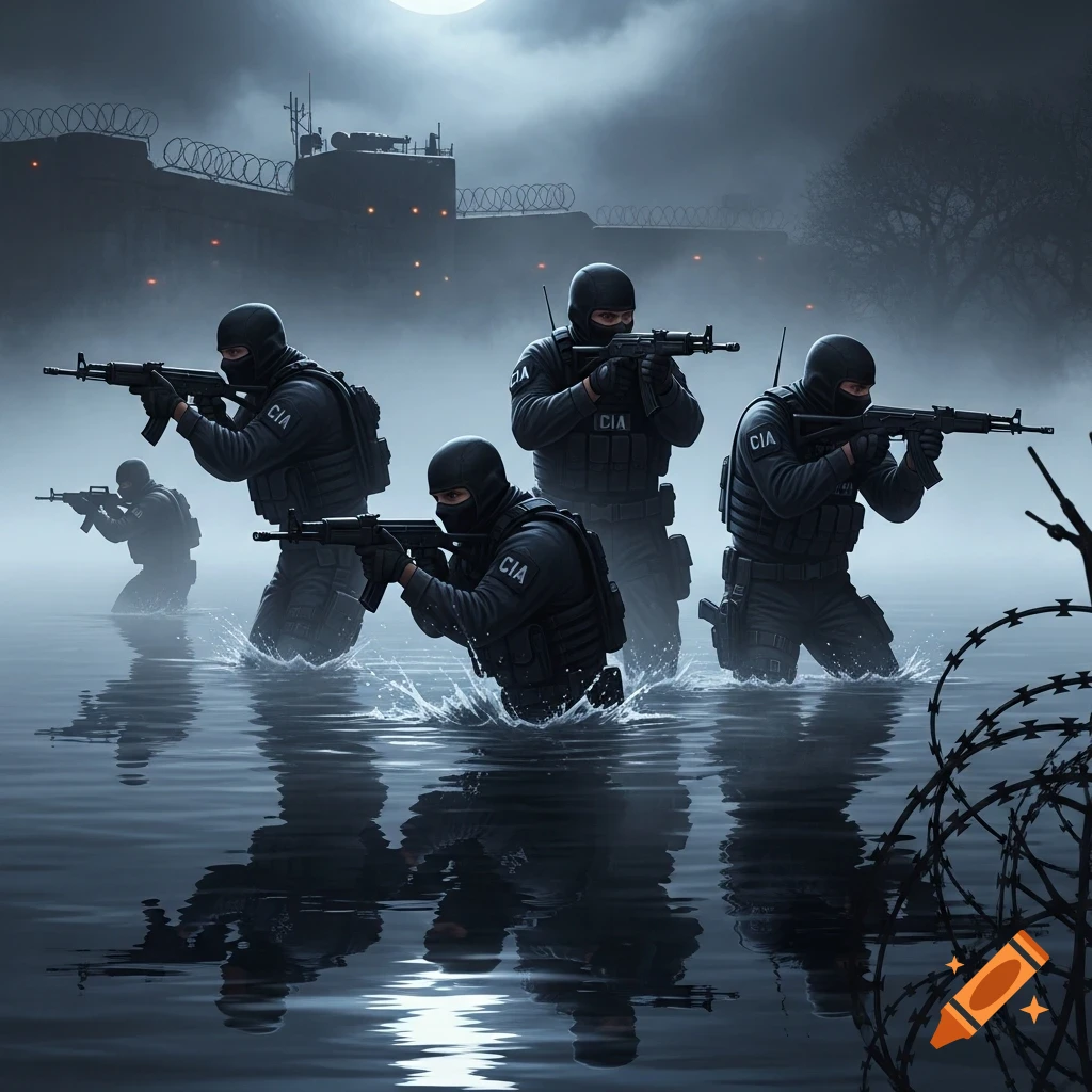 Five CIA operators in black tactical gear wade through dark, misty water at night, holding AK-47s, with a fortified base in the background.