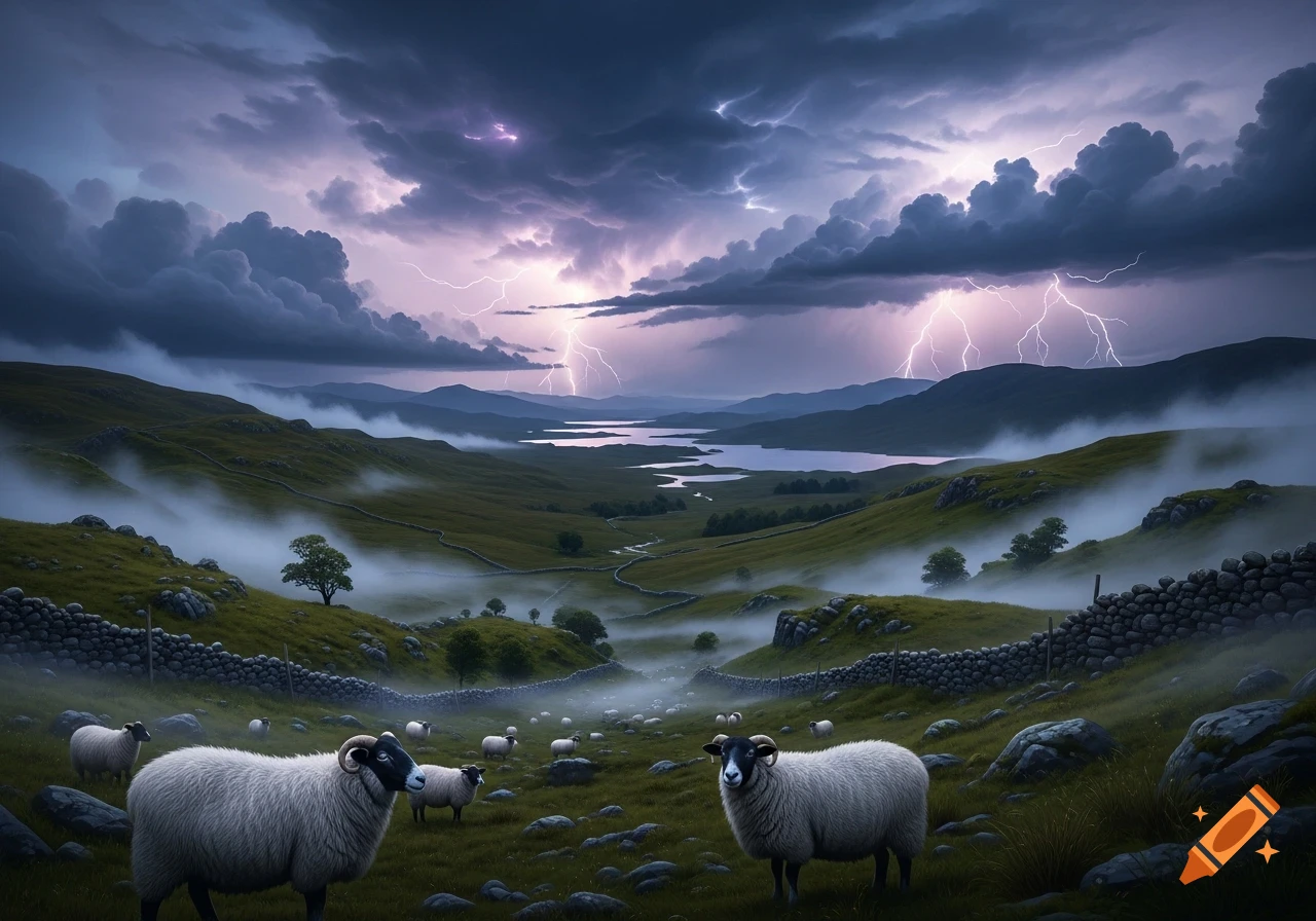 Photorealistic Scottish Highlands landscape with misty green hills, stone walls, a lake, stormy sky with lightning, and grazing sheep.