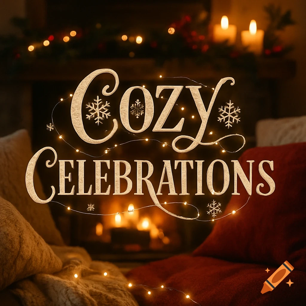 Text 'COZY CELEBRATIONS' with string lights, against a cozy, blurred background of a fireplace, candles, and warm blankets.