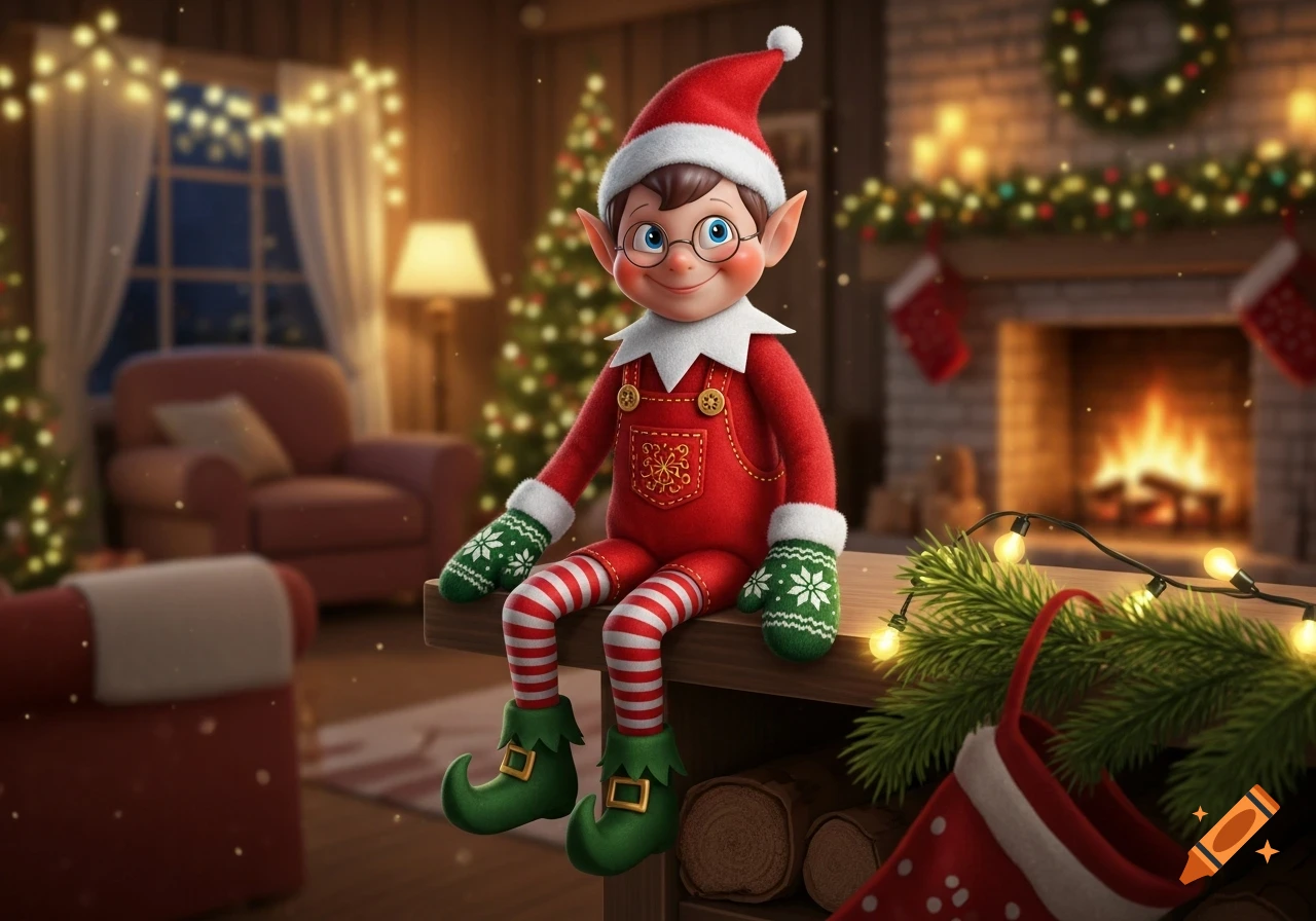 A cheerful male Christmas elf with glasses, wearing red overalls, striped socks, green mittens, and a Santa hat, sits in a festive living room with a fireplace.