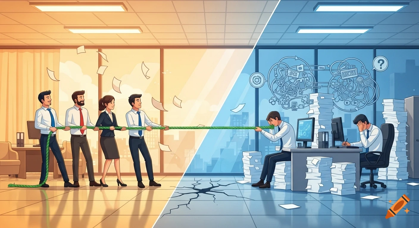 A split illustration shows a tug-of-war between a joyful business team and stressed employees in a contrasting office setting.