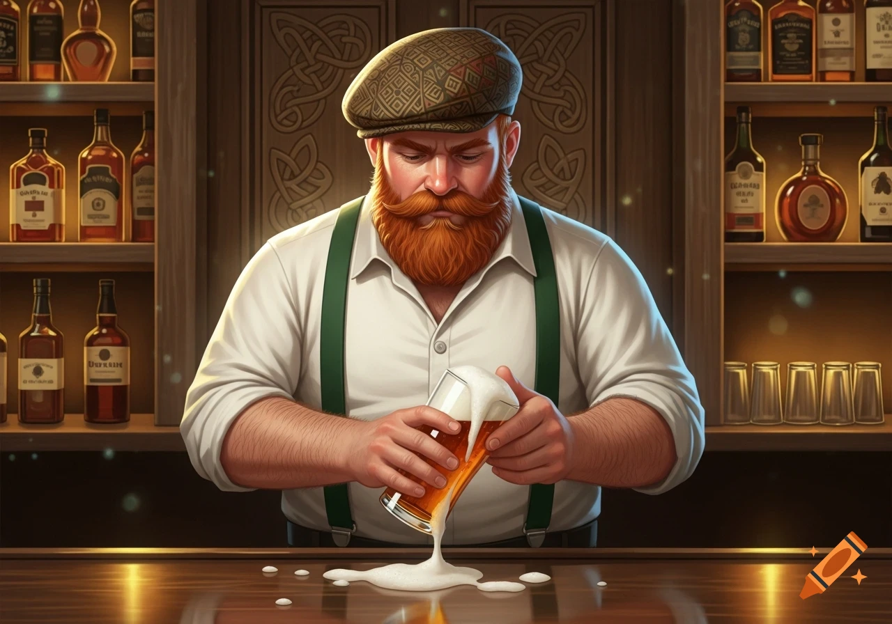 A man with a ginger beard, Irish flat cap, white shirt, and suspenders spills beer on a wooden bar.