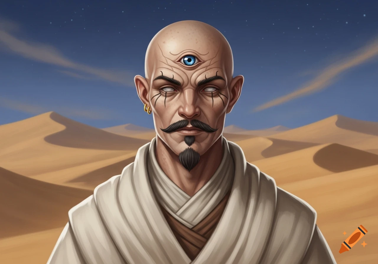 A bald man with a third eye on his forehead, a mustache, and a goatee, wears a white robe in a desert landscape at dusk.