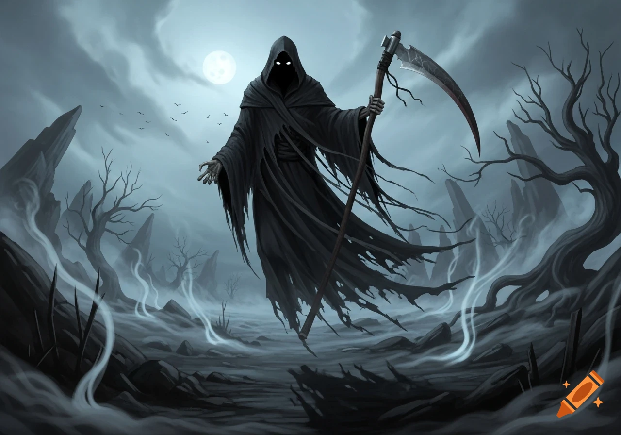 A hooded Grim Reaper with glowing white eyes holds a scythe in a desolate, misty landscape under a full moon, with bare trees and dark rocks.