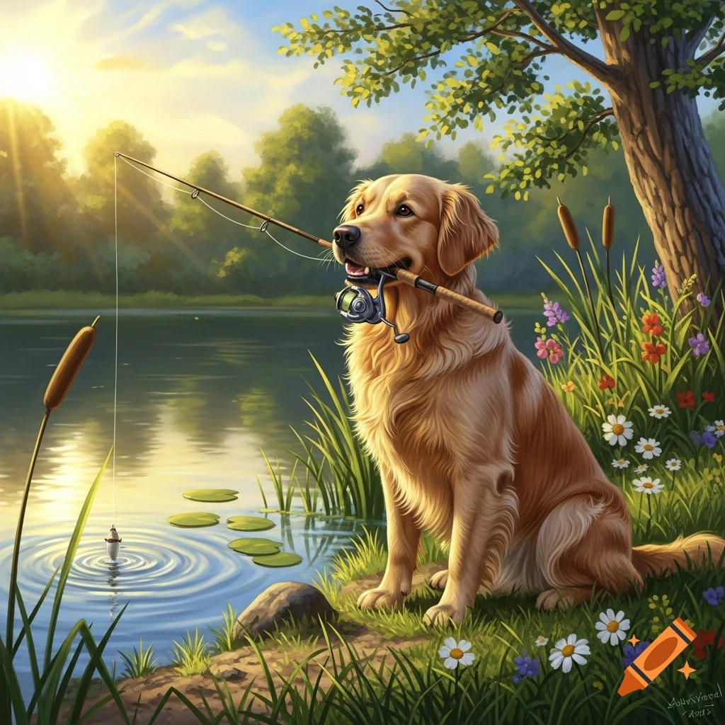 An illustrated golden retriever dog sits on grassy riverbank holding a fishing rod in its mouth, with a lure in the water on a sunny day.