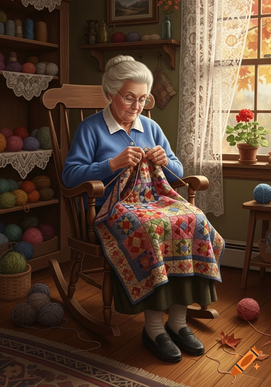 An elderly woman knits a colorful quilt while sitting in a wooden rocking chair, surrounded by yarn and warm autumn light.