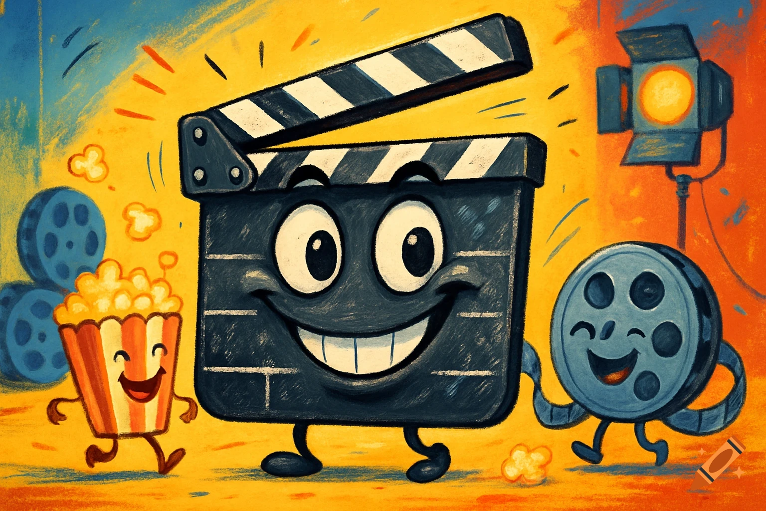 A silly cartoon illustration of a happy clapperboard, popcorn bucket, and film reel characters with a spotlight on a colorful background.
