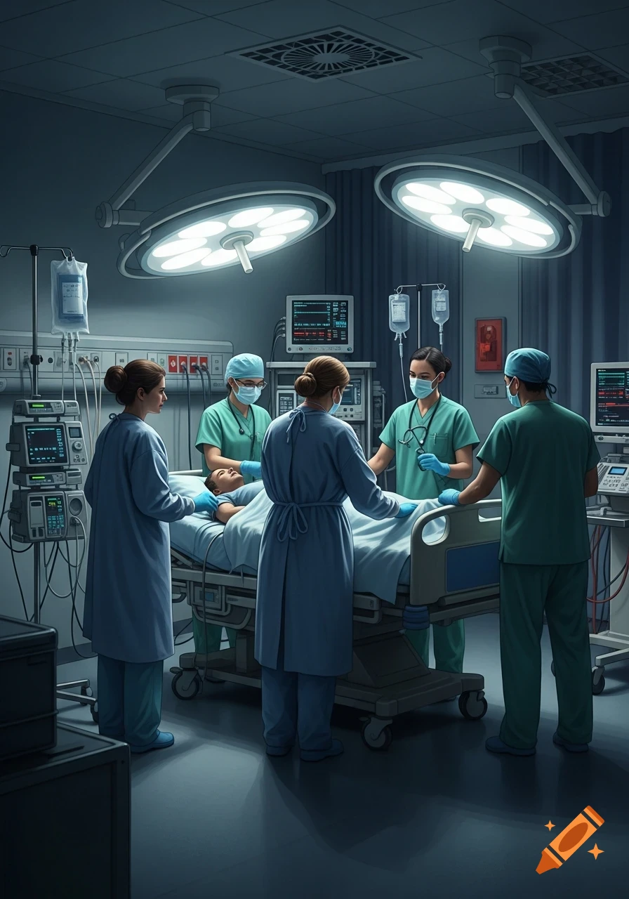 Photorealistic image of doctors and nurses surrounding a patient on a gurney in a brightly lit operating room.