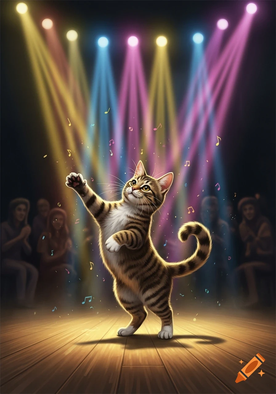 A cute cartoon tabby cat dances joyfully on a brightly lit stage with colorful spotlights and musical notes, an audience in the background.
