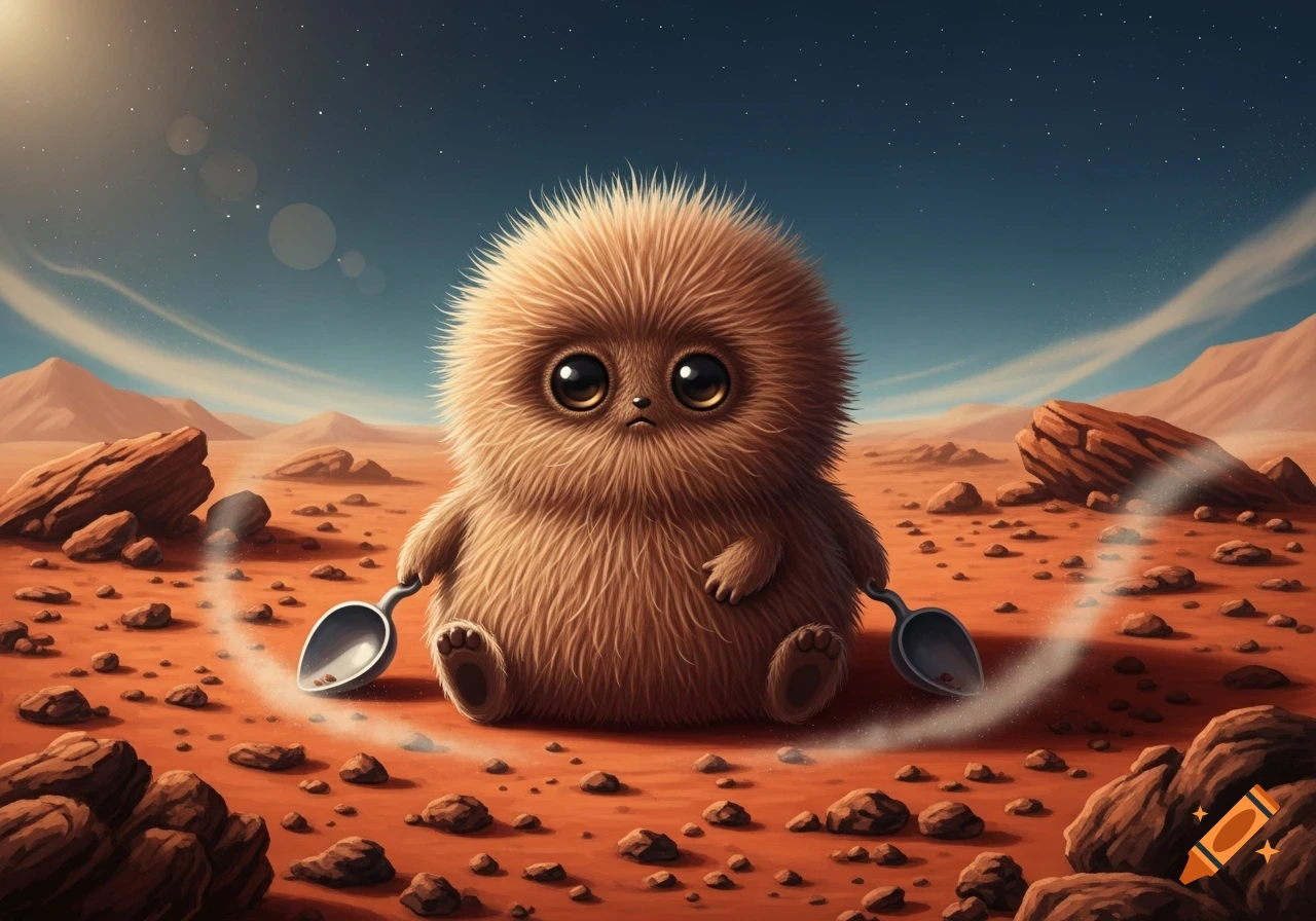 A cute, fluffy brown creature with big eyes sits on a red, rocky Martian landscape, holding two small shovels.