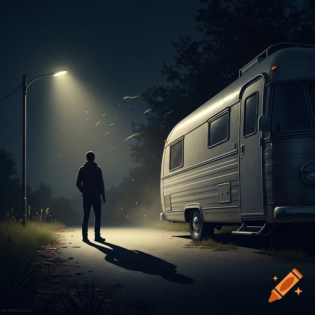 A man stands silhouetted by a bright streetlight, looking at a parked camper van on a dark road at night.
