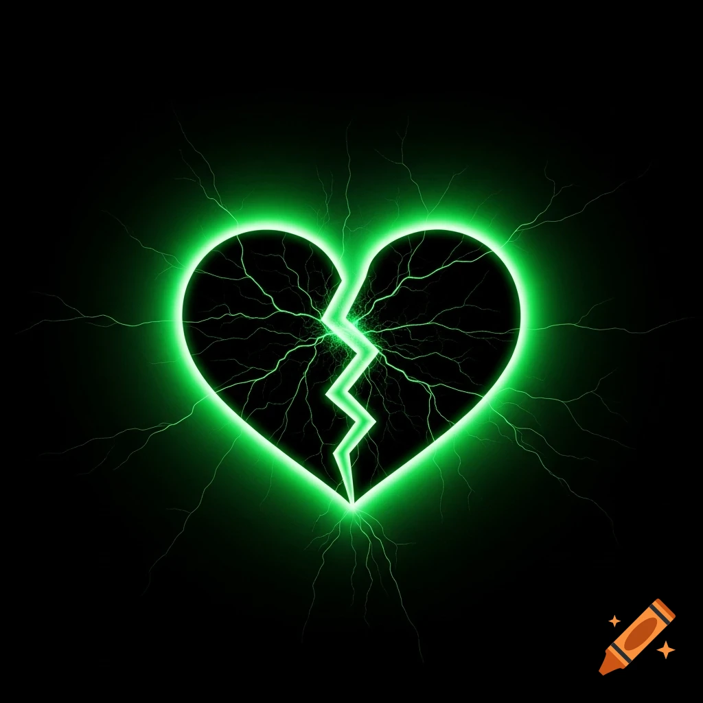 A glowing green broken heart with electric arcs radiating outwards on a black background.