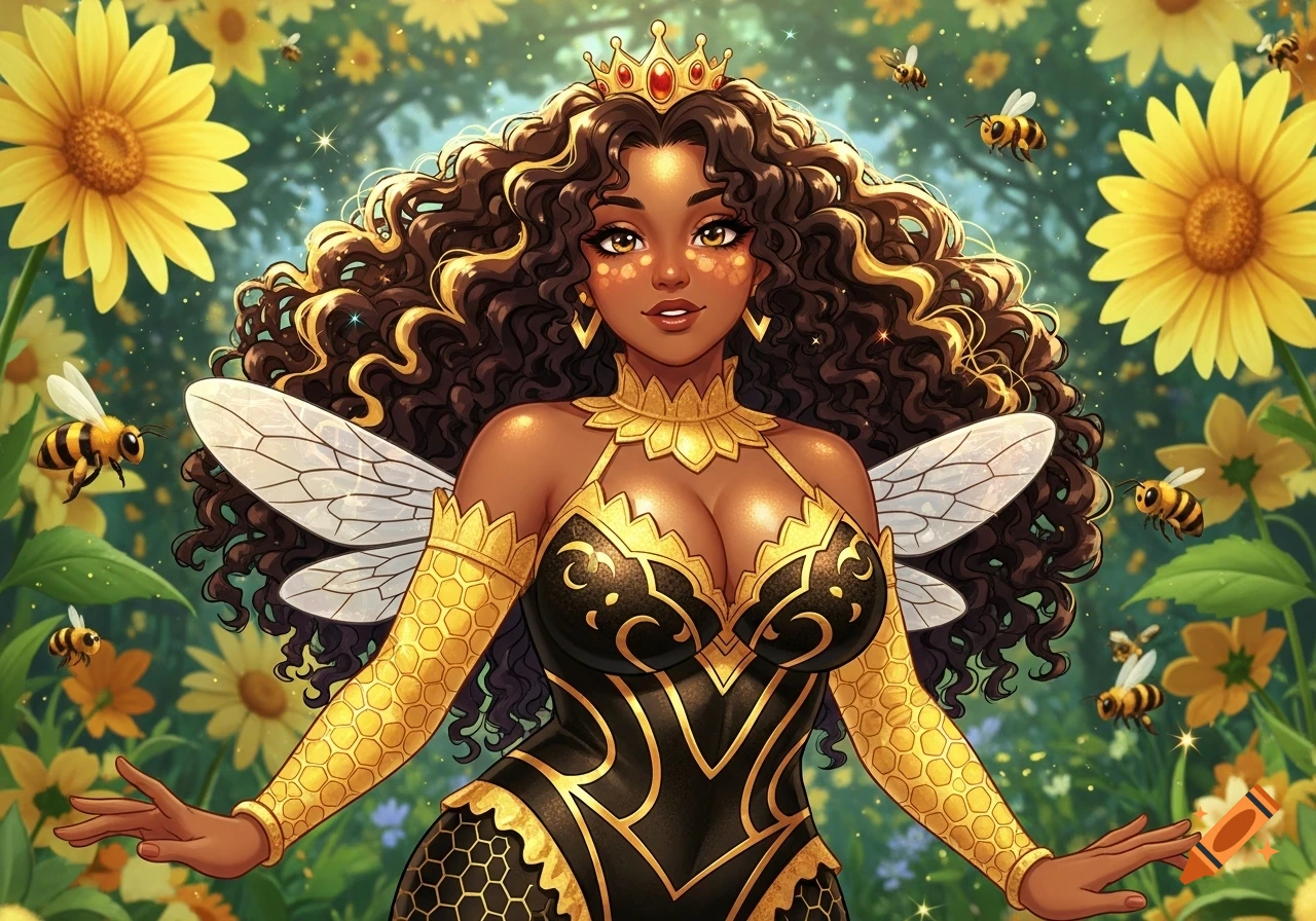 Anime-style queen bee character with curly hair and bee wings, surrounded by sunflowers and flying bees in a vibrant garden.