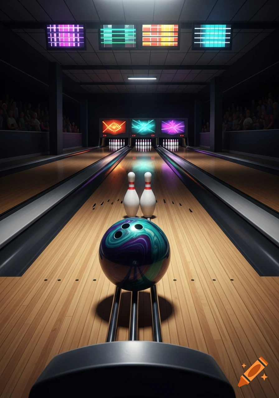 A vibrant bowling alley scene with a colorful bowling ball on the return, facing two pins on a lane lit by neon lights.