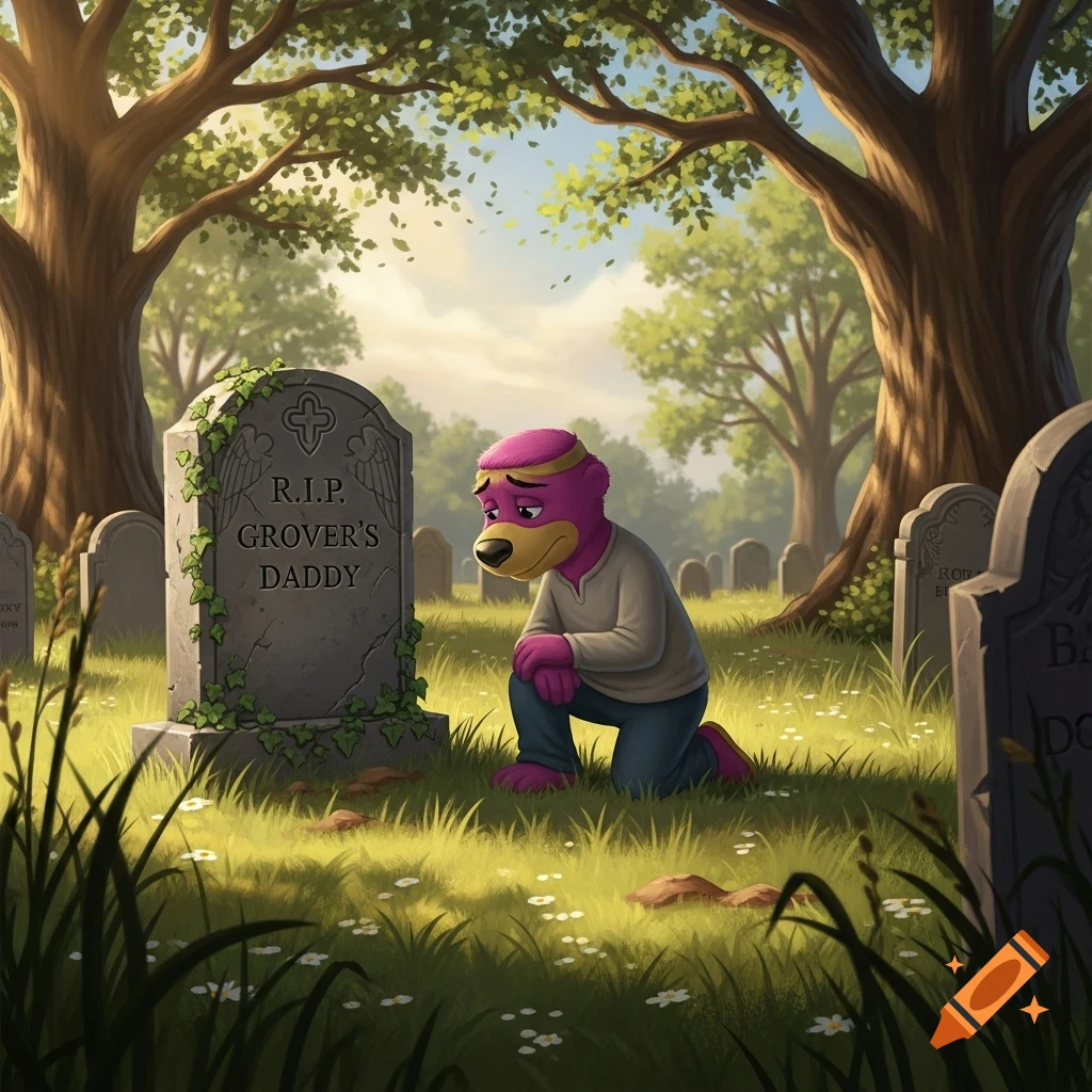 A purple cartoon bear kneels sadly before a tombstone reading 'R.I.P. GROVER'S DADDY' in a sunlit graveyard.