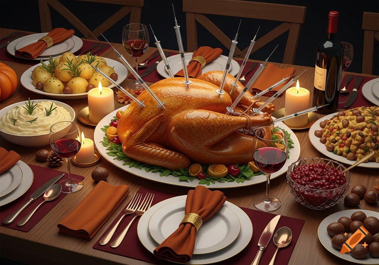Photorealistic Thanksgiving table with a roasted turkey, side dishes, and wine. Hypodermic needles are stuck into the turkey.